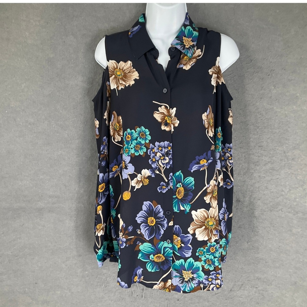 Chico's Black Floral Cold Shoulder Collared Button Up Blouse Women's Sz 0‎ US S